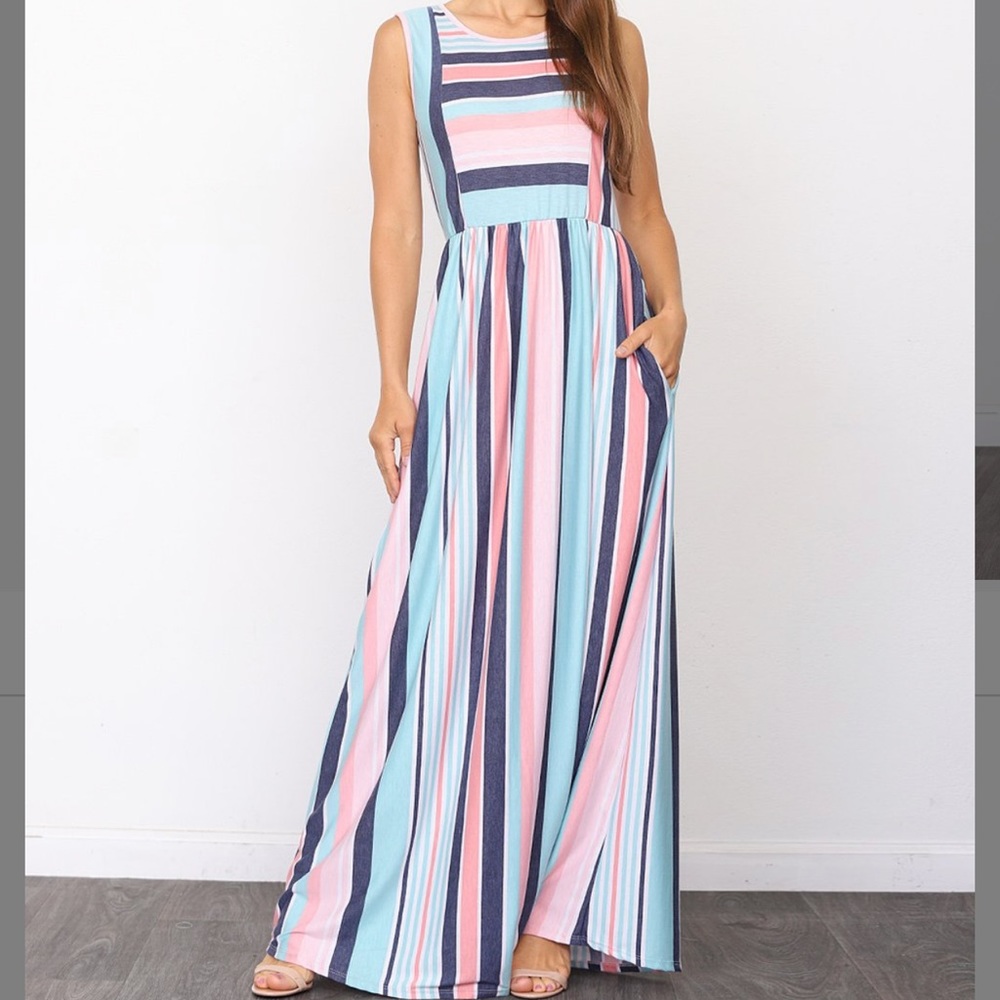 Blue & Pink Stripe Maxi Dress